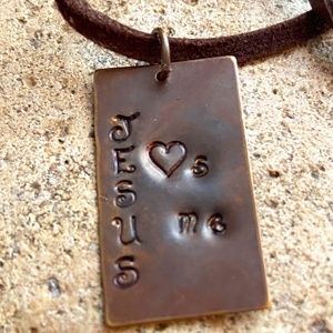 Hand Stamped "Jesus ❤️'s Me" Brass Tag Necklace